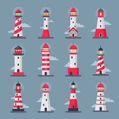 Obraz na płótnie Canvas Lighthouse set, seaside clouds, sea towers. Nautical logo design, vintage light house in sky, ocean architecture building. Sea navigation towers vector isolated cartoon flat tidy icons