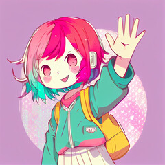 Anime girl saying hi and waving hand to greet person with smile face, Hello or high five gesture. AI generated content