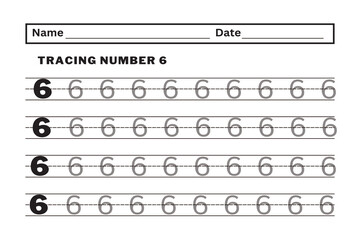 Writing practice number six printable worksheet for preschool kindergarten kids to improve basic writing skills Learning numbers for kids. Education developing worksheet. Activity page. 