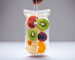 Doctor holding saline bag fruit. Fruits Serum. iv serum bag