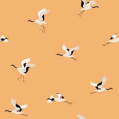 Seamless trendy pattern with japanese crane. Flying bird.
