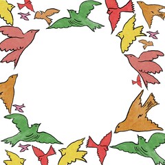 A drawing of colored birds arranged in a circle for writing messages, greeting cards.