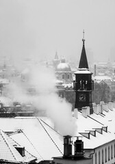 View of Prague roofs in winter. Snow. Prague. Christmas.