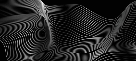 Vector wave lines surface rhytm metallic flowing dynamic in blue grey black colors isolated on black background for concept of AI technology, digital, communication, science, music poster