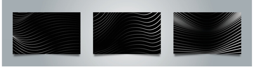 Vector wave lines surface rhytm metallic flowing dynamic in blue grey black colors isolated on black background for concept of AI technology, digital, communication, science, music poster