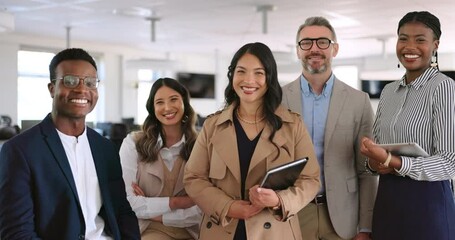 Diversity, business people and smile portrait in office for company goals success, employee motivation and positive corporate mindset. Interracial teamwork, management support and staff happiness - Powered by Adobe