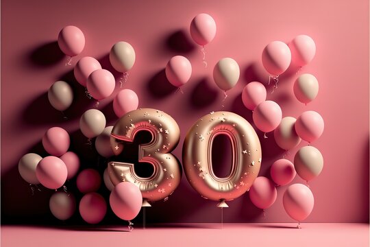 Happy 30th Birthday With Number 30 And Balloons On Pink Background Generative AI