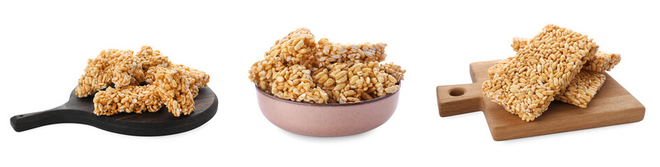Collage with puffed rice bars (kozinaki) on white background, banner design