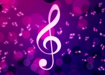 Treble clef and music notes flying on pink and purple background, bokeh effect. Beautiful illustration design