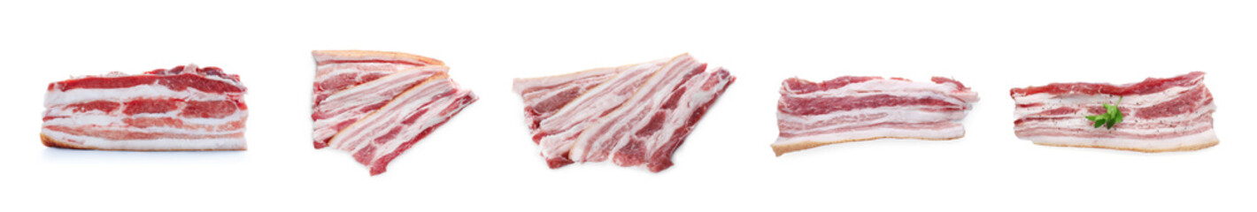 Collage with pieces of pork fatback isolated on white. Banner design