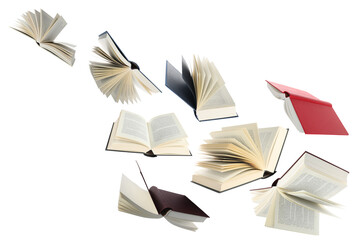 Many hardcover books flying on white background