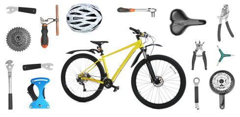 Modern bicycle, its details and tools for repair on white background, collage. Banner design
