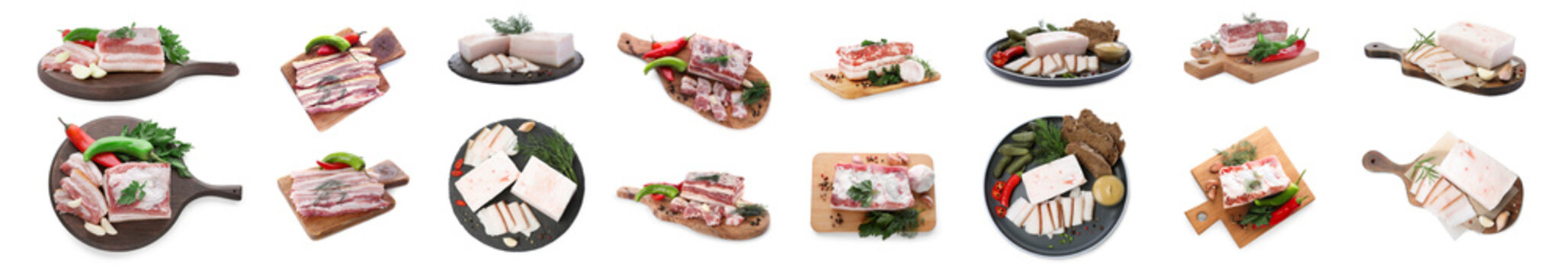 Collage with pieces of pork fatback isolated on white, top and side views. Banner design