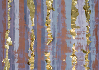 Modern abstract texture in gold, brown, gray and purple. Stripe painting with oil and acrylic strokes. Modern design. Canvas texture horizontal background