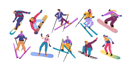 Fototapeta na wymiar Family ski. Winter activity. People skiing or snowboarding. Outdoor sport. Active girl and woman. Man in outerwear. Snowboarder and skier poses set. Vector cartoon exact illustration