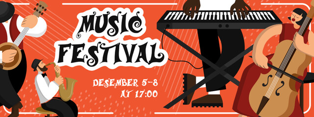 Music festival poster. Concert announcement. Musical instruments. Musicians play cello or piano. Event flyer design. Saxophone and synthesizer. Dance party. Vector design current background
