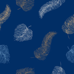 Seamless pattern on a deep blue background with light-colored feathers
