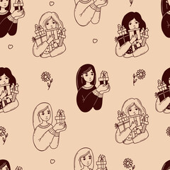 Seamless pattern with cute girls with gifts on beige background. Vector illustration in doodle style for holiday design, packaging, wallpapers, textiles and valentines..