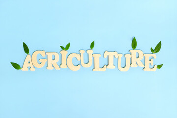 Sustainable and responsible agriculture concept. Agriculture word text with fresh green leaf icon.