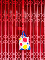 colorful bag contrasting  on red gate background