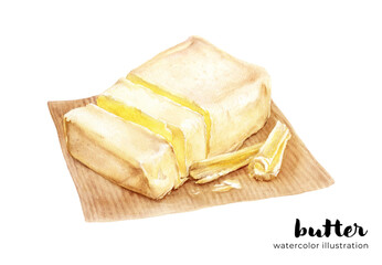 Watercolor stick of butter hand drawn illustration isolated on white background. Butter, margarine, spread, dairy products.