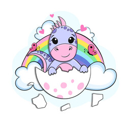 Obraz na płótnie Canvas Cute little dinosaur with rainbow and clouds. cartoon vector