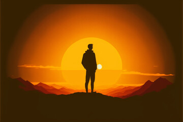 person standing in front of a sunrise or sunset, representing the hope and promise of a new day, DIGITAL DRAWING (AI Generated)