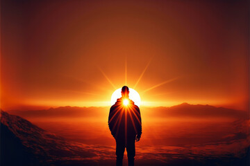 person standing in front of a sunrise or sunset, representing the hope and promise of a new day (AI Generated) - obrazy, fototapety, plakaty