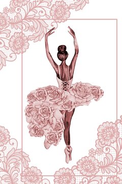 Hand drawn watercolor card template dancing ballerina with flower and lace. Pink pretty ballerina. Watercolor hand drawn illustration. Pictures for poster, invitation, postcard, background and posters