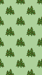 pattern. Image of green Christmas trees with balls on pastel yellow green backgrounds. Symbol of New Year and Christmas. Template for application to surface. Vertical image. 3D image. 3d rendering