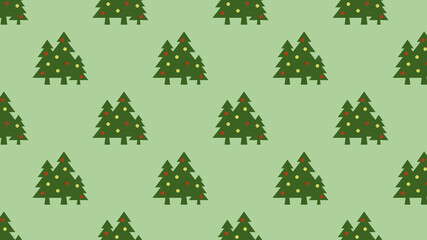 pattern. Image of green Christmas trees with balls on pastel yellow green backgrounds. Symbol of New Year and Christmas. Template for application to surface. Horizontal image. 3D image. 3d rendering