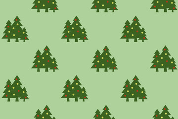 pattern. Image of green Christmas trees with balls on pastel yellow green backgrounds. Symbol of New Year and Christmas. Template for application to surface. Horizontal image. 3D image. 3d rendering