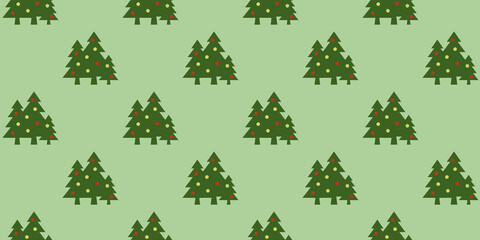 Naklejka na ściany i meble pattern. Image of green Christmas trees with balls on pastel yellow green backgrounds. Symbol of New Year and Christmas. Template for application to surface. Horizontal image. 3D image. 3d rendering