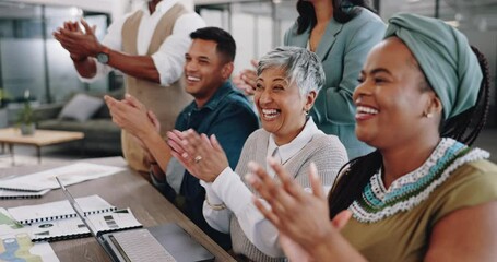 Business people, diversity meeting or clapping in presentation, digital marketing education or advertising goals conference. Smile, happy or applause in training workshop men or women with technology