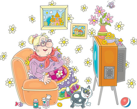 Funny elderly fat housewife with her fattened domestic cat sitting in an easy chair and watching a retro TV set in a room decorated with old pictures and field flowers, vector cartoon illustration