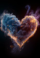 Obraz premium Burning heart - symbol of love. Heart made of fire, spark and smoke on black background. St. Valentine's concept. Digitally generated AI image