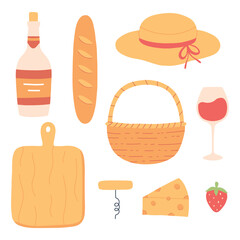 Summer picnic set. Collection of elements for spring picnic. Hat, basket, wine, cheese. Vector illustration. Flat hand drawn style.