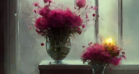 Fototapeta na wymiar 窓辺に置かれた花瓶に生けたバラの花束_43