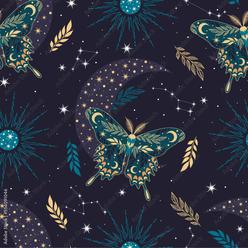 Wall mural elegant celestial seamless pattern with herbs. boho magic background with space elements stars, butt