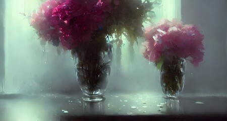 A bouquet of roses in a vase placed on a window sill _04