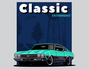 urban legend car design with classic text and nature background fit for t-shirt printing illustration vector idea