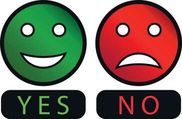 Green happy face and red sad face and YES and NO signs set gray outline