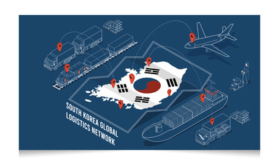 3D isometric South Korea Logistics Network concept with Global Logistics, Warehouse Logistics, Sea Freight Logistics, Export, Import, Cargo, Air, Road, Maritime delivery. Vector illustration eps10
