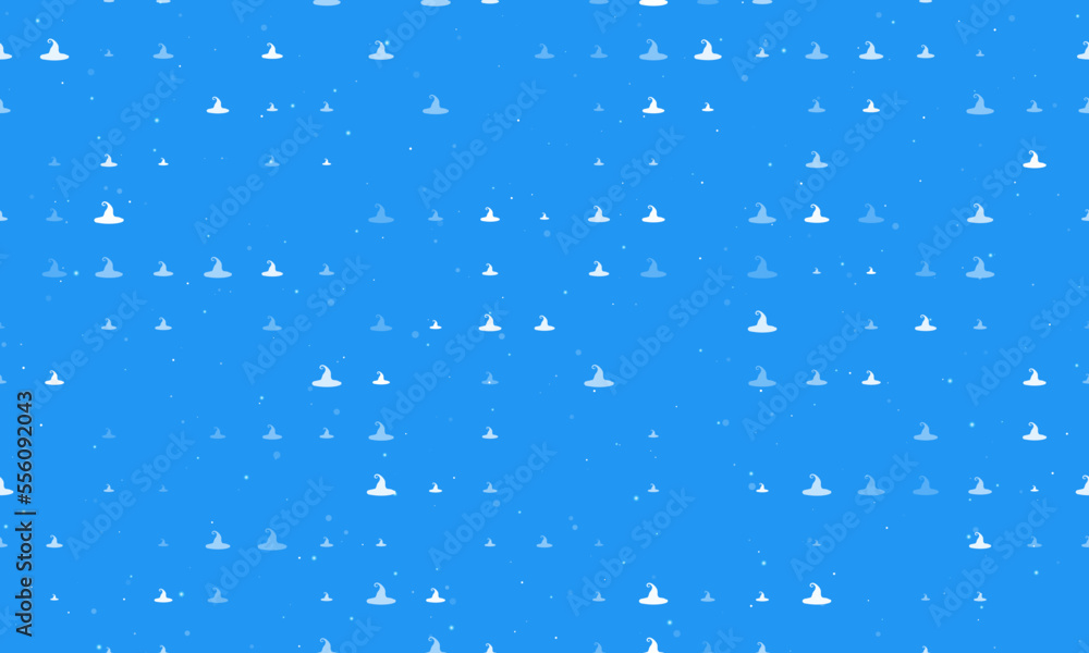 Poster Seamless background pattern of evenly spaced white witch hat symbols of different sizes and opacity. Vector illustration on blue background with stars