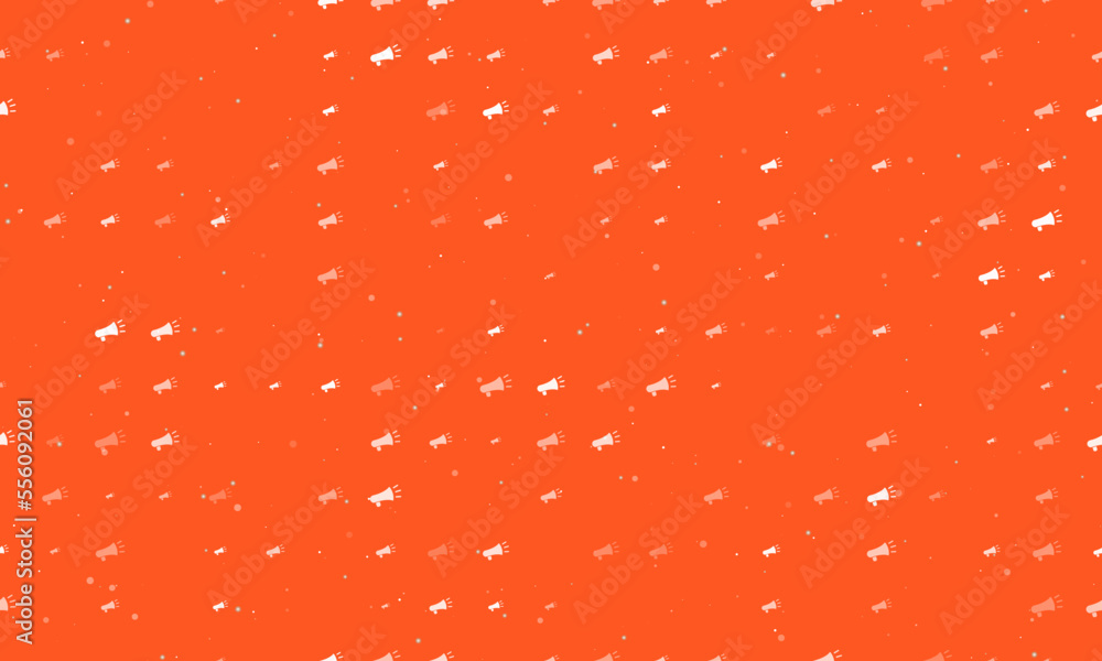 Poster seamless background pattern of evenly spaced white megaphone symbols of different sizes and opacity.