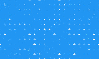 Seamless background pattern of evenly spaced white witch hat symbols of different sizes and opacity. Vector illustration on blue background with stars