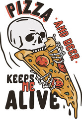 Beer skull with pizza for print. Original brew or food design of skeleton and pizza for bar or cafe