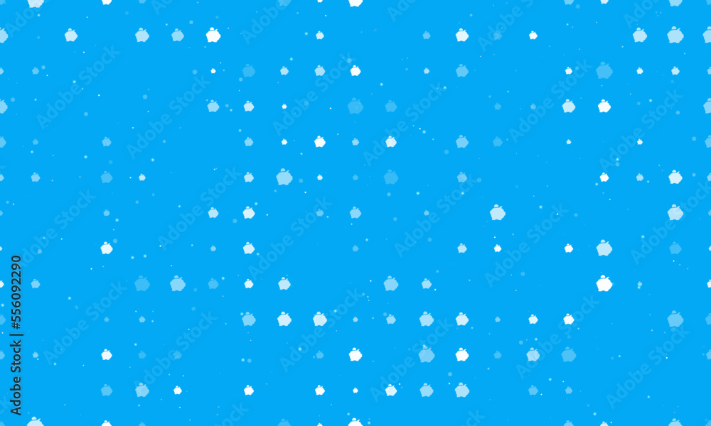 Poster seamless background pattern of evenly spaced white piggy bank symbols of different sizes and opacity