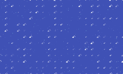 Seamless background pattern of evenly spaced white excavator symbols of different sizes and opacity. Vector illustration on indigo background with stars