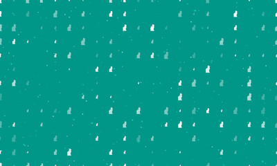 Seamless background pattern of evenly spaced white cat symbols of different sizes and opacity. Vector illustration on teal background with stars
